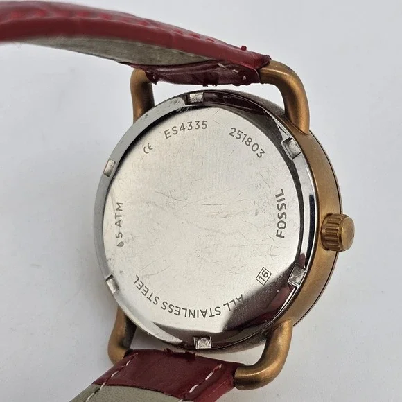 Fossil Women Watch 34MM Gold Dial Date New Red Leather Bands New Battery - Picture 8 of 16
